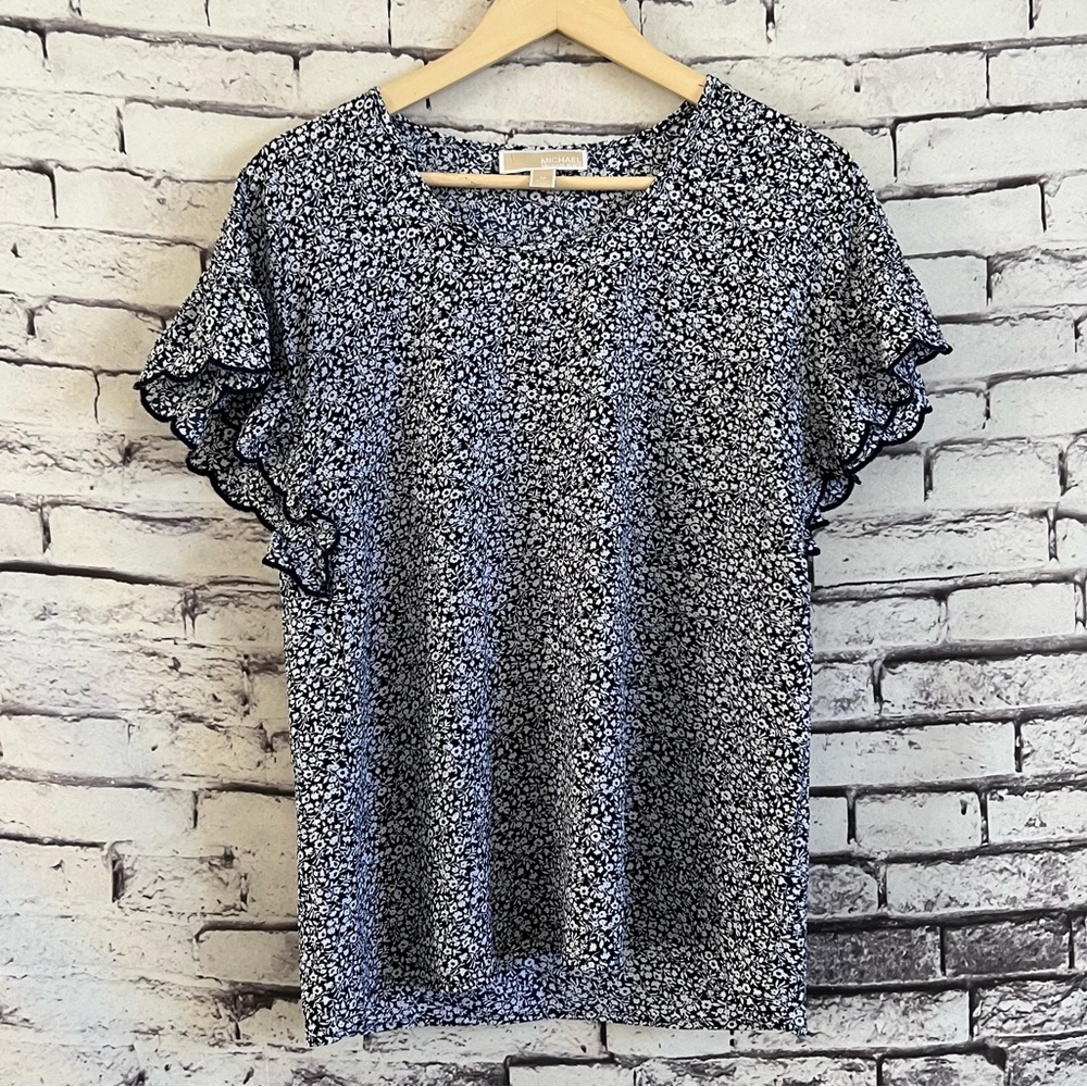 Michael Kors Women’s True Navy Floral Print Short Sleeve Blouse Size Medium